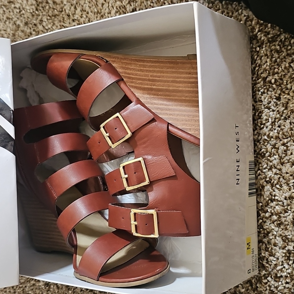 Nine West Brown StrappyLeather  Wedge Sandals - Picture 8 of 8